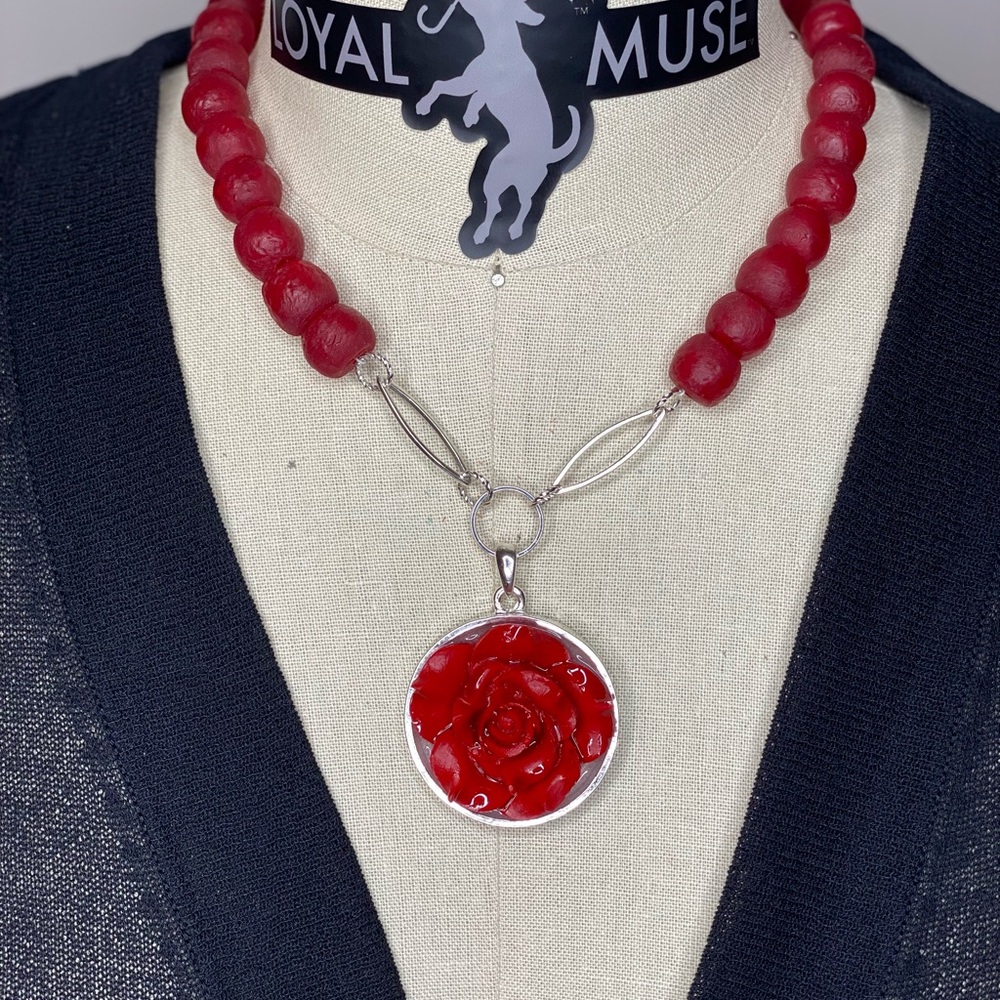 Elegant Red Rose Pendant Necklace with Recycled Glass Beads Silver - Picture 3 of 5